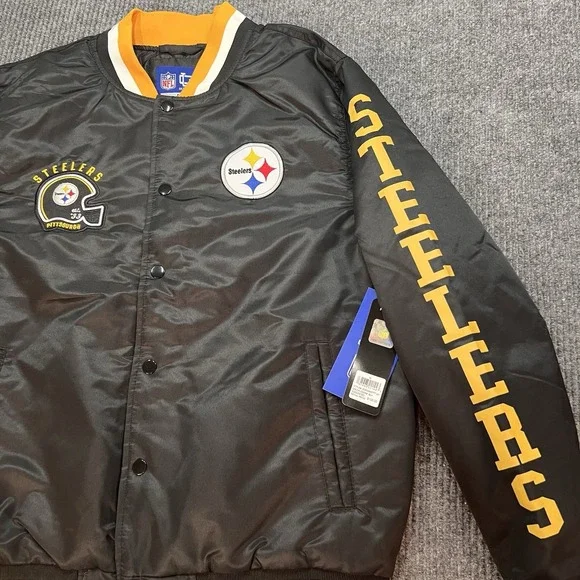 Pittsburgh Steelers Ultra Game NFL Mens Medium Satin Bomber Jacket Snap New